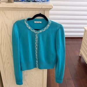 PRICE DROP!! St. John Knit Turquoise Cardigan with White Embroidery